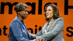 In this July 2023 photo, Massachusetts Attorney General Andrea Campbell embraces Vice President Kamala Harris after arriving to the NAACP convention.